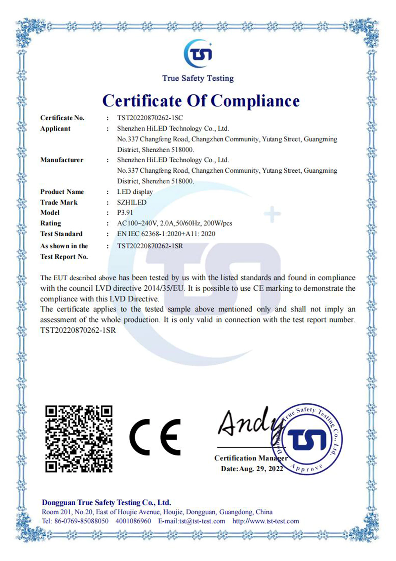 CE-LVD Certificate